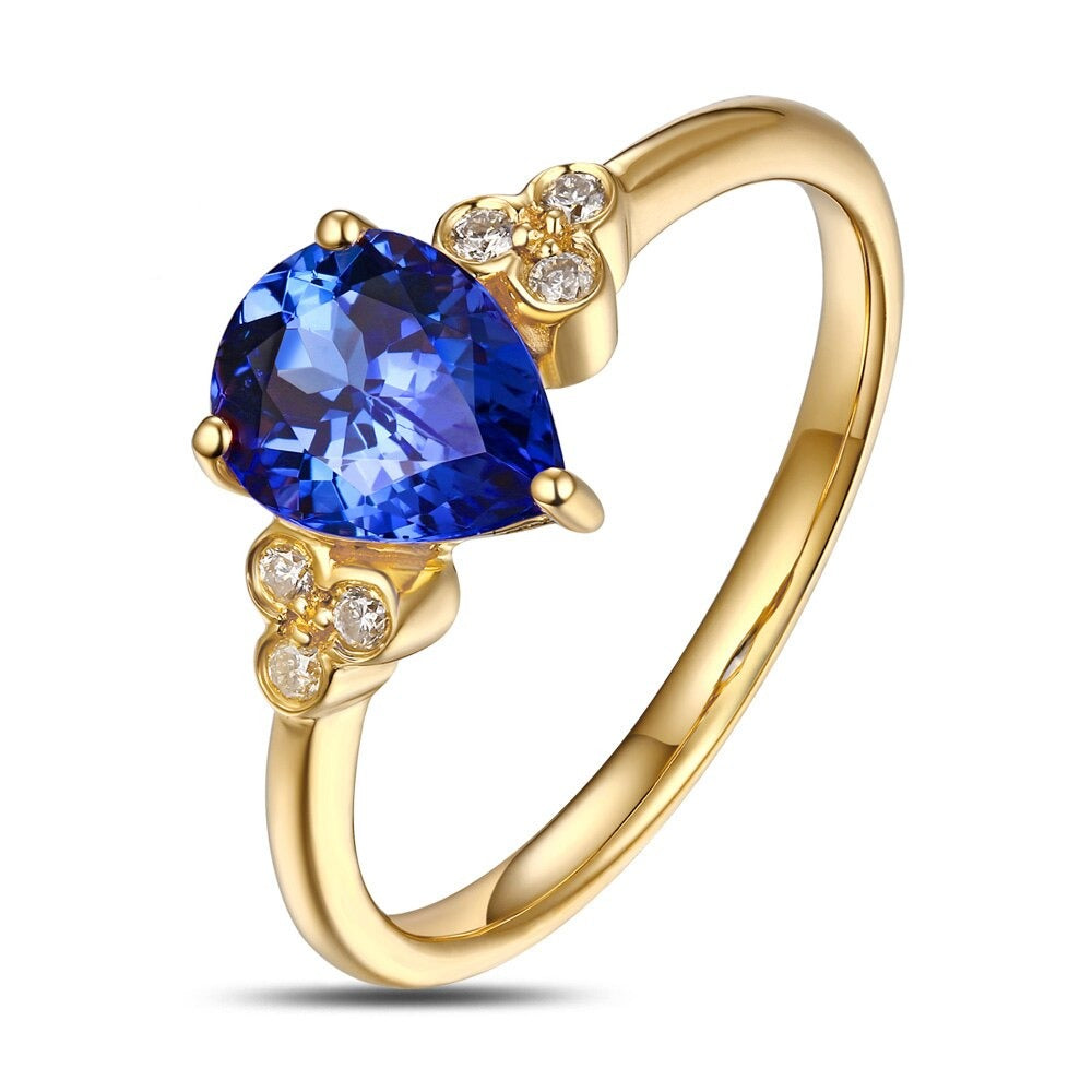 Solid 1.28ct Pear Cut Tanzanite Gemstone Ring Jewelry With Natural Diamond In 14K Gold