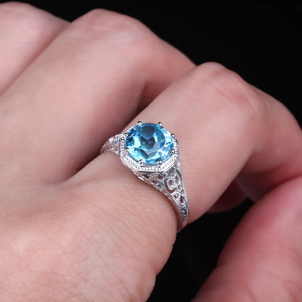 14K White Gold Engagement Wedding Ring For Women Vintage Fine Jewelry, Gift with Flawless Round 8mm Genuine Blue Topaz Ring.