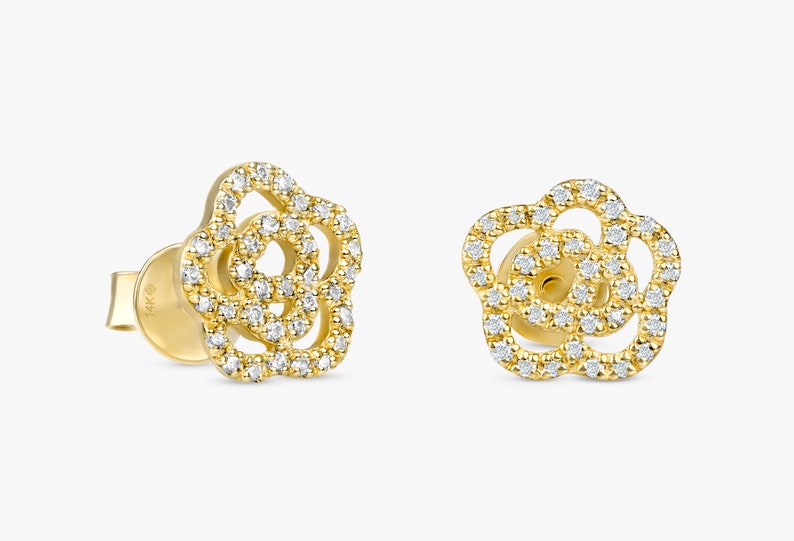 14k Solid Gold Diamond Flower Stud Earrings