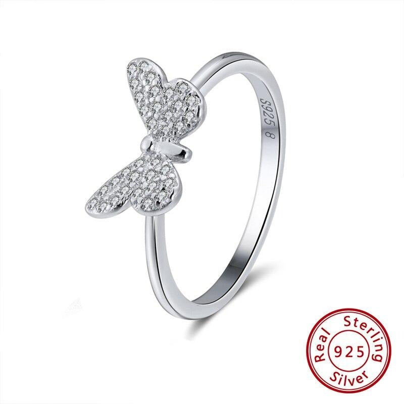 Genuine 925 Sterling Silver Women Rings Cute Butterfly Silver Gold Color AAA Cubic Zircon Fashion Ring Jewelry.