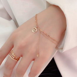 18K Gold Smile Custom Bracelet Fashion Double Solid Yellow Gold Jewelry Women Layer Wedding Diamond Medal Bracelet