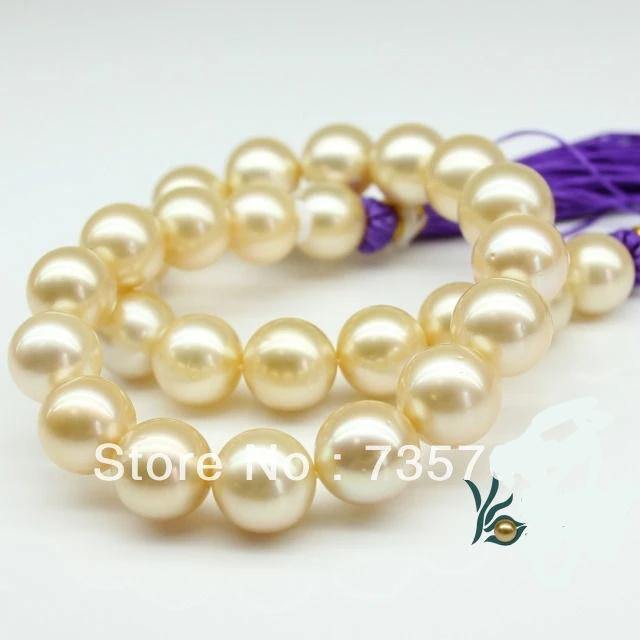 HUGE 18"14MM SOUTH SEA PERFECT ROUND GENUINE GOLD PEARL NECKLACE 14KGP CLASP - jewelrycafee
