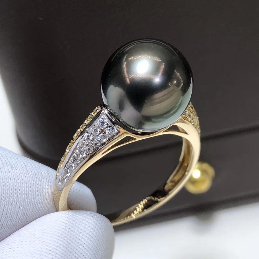D417 Pearl Ring Fine Jewelry Solid 14K Gold Natural Round 10-11mm Ocean Sea Water Tahiti Black Pearls Rings for Women Presents - jewelrycafee