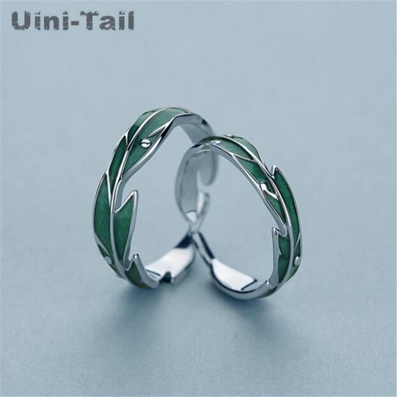hot sale new 925 sterling silver green banana leaf couple ring niche design fashion personality sweet high quality - jewelrycafee