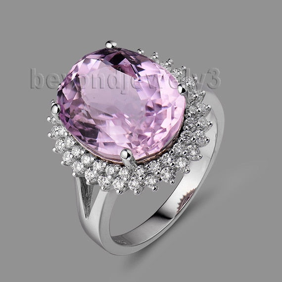 18K White Gold Diam Pink Kunzite Oval 9x13mm Gemstone Romantic Engagement Ring.