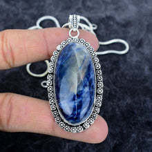 925 Sterling Silver Sodalite Pendant Necklace Trendy Oval Shape Gemstone Fine Jewelry for Wedding Men's Women's Engagement Link