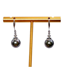 18K Gold Diamond Tahitian Black Pearl Earrings Hoops