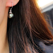 18K Gold Diamond Tahitian Black Pearl Earrings Hoops