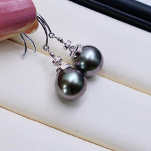 18K Gold Diamond Tahitian Black Pearl Earrings Hoops