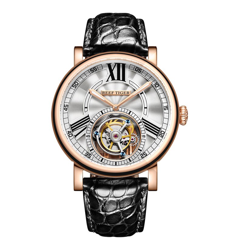 Reef Tiger/RT Casual Designer Watch for Men Tourbillon Automatic Watch with Alligator Strap Luxury Rose Gold Watches RGA1999