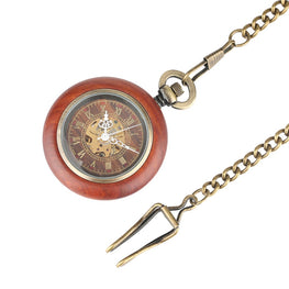 Vintage Red Wooden Case Mechanical Pocket Watch Chain Automatic Self-wind Watches Fob Open Face Unisex Clock Gifts for Men Women