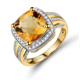 14kt Yellow Gold Natural Diamonds and large Yellow Citrine Rings Vintage Cushion 10x10mm Anniversary Ring For Lady