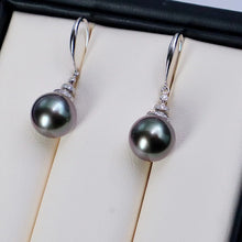 18K Gold Diamond Tahitian Black Pearl Earrings Hoops