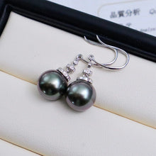 18K Gold Diamond Tahitian Black Pearl Earrings Hoops