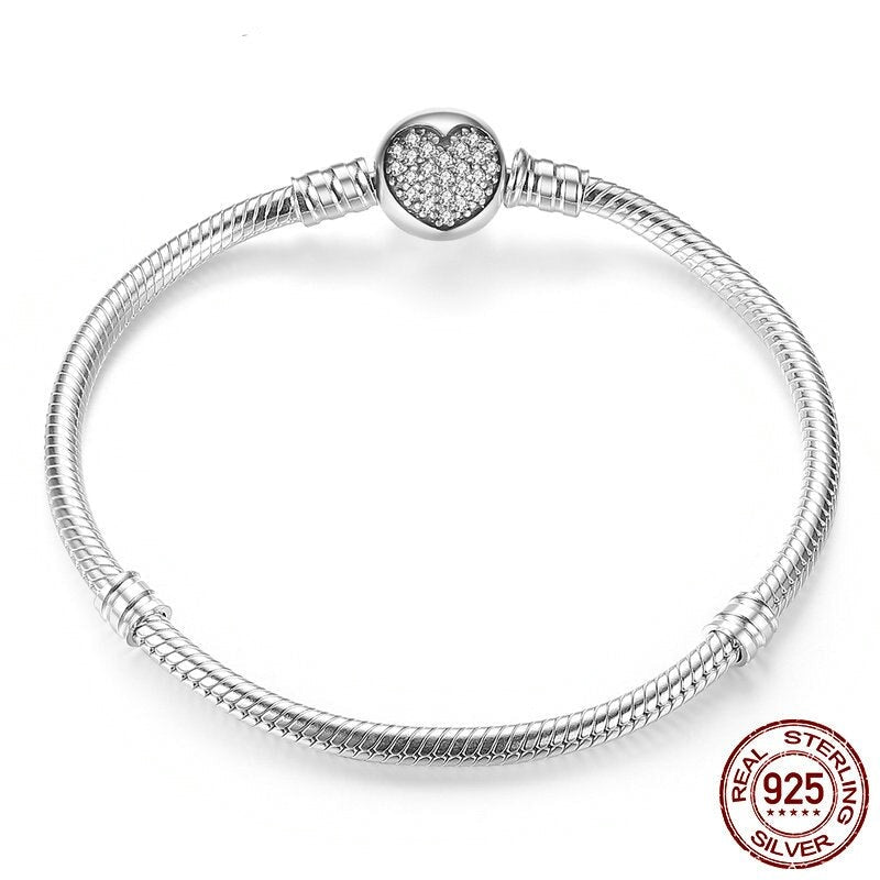 925 Sterling Silver Luxury 100% Sparkling Heart Snake Chain Fit Original Charm Bracelet Bangle for Women Fine Jewelry.