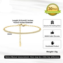 Gold tennis-style bracelet with a row of clear cubic zirconia stones, shown on a white background with product specs, a 30-day money-back guarantee badge, and feature icons.