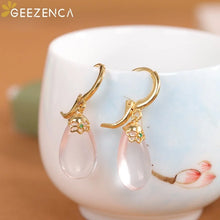 925 Sterling Silver Gold Plated Big Rose Quartz Teardrop Hoop Trendy Dainty Dangling Earring