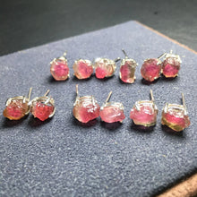 925 Silver Natural Tourmaline Raw Stone Ear Stud Pink/Green Bi Color Watermelon Tourmaline Irregular Earrings Women Fine Jewelry