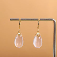 925 Sterling Silver Gold Plated Big Rose Quartz Teardrop Hoop Trendy Dainty Dangling Earring
