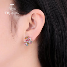 Colorful Brazil Tourmaline Flower  Clasp Earring natural  gemstones 925 sterling silver fine jewelry for women wife gift