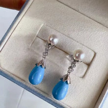 Sterling Silver 925 Ear Stud Natural Turquoise and Pearl Earrings For Women