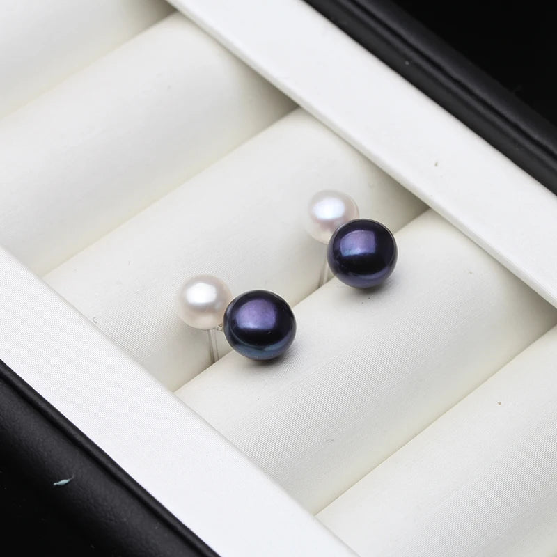 Real 925 Sterling Silver Earrings With Pearls Women,Cute Small White Black Freswater Natural Double Pearl Earring Girl Gift