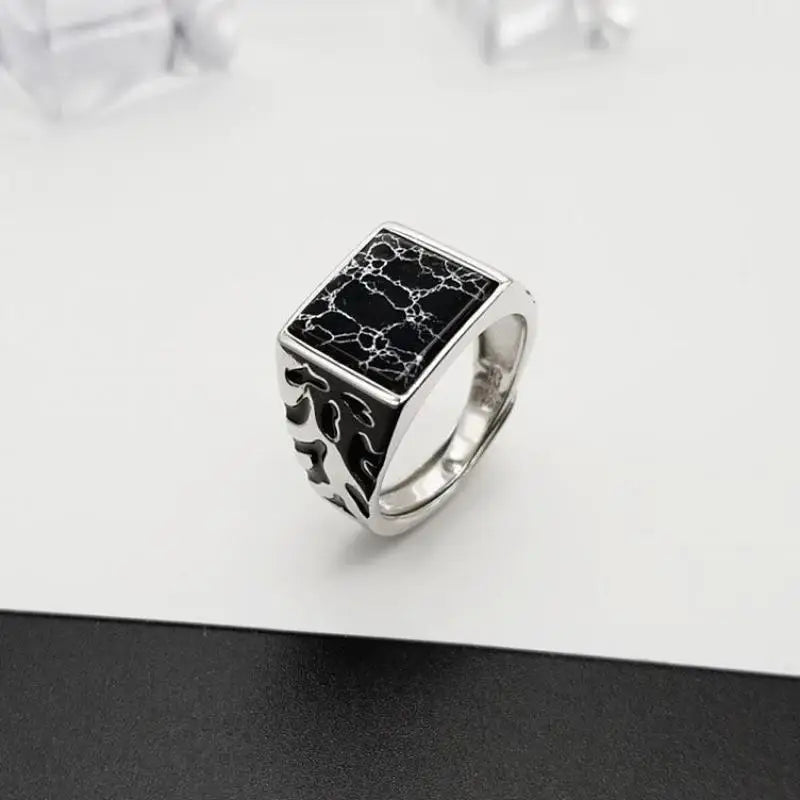 925 Sterling Silver Vintage Men's Rings Adjustable Square Shaped Black Stone Flower Pattern Design Male Turkey Jewelry