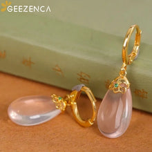 925 Sterling Silver Gold Plated Big Rose Quartz Teardrop Hoop Trendy Dainty Dangling Earring
