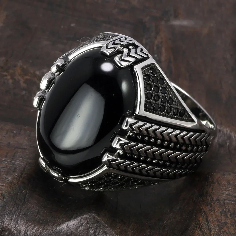 Real Pure 925 Sterling Silver Rings With Black Onyx Stone Big Turkish Rings For Men Retro Vintage Turkey Jewelry Anelli Uomo