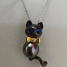 S925 Silver Necklace Black cat Pendant Tahiti Black Pearl 9-10mm for Men and Women Jewelry SN02