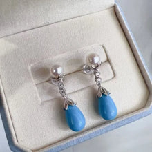 Sterling Silver 925 Ear Stud Natural Turquoise and Pearl Earrings For Women