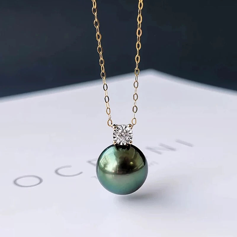 18k Gold Black Pearl Necklace pendant  For Women,Natural Tahiti Pearl Necklace pendant AU750,Seawater Pearl necklace Gift