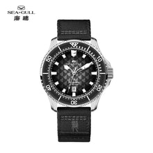 Seagull King of the Dragon automatic mechanical diver watch with a black dial and nylon strap.