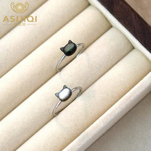Trendy Natural Shell Black Cat 925 Sterling Silver Ring for Girls Adjustable Party Jewelry Gift