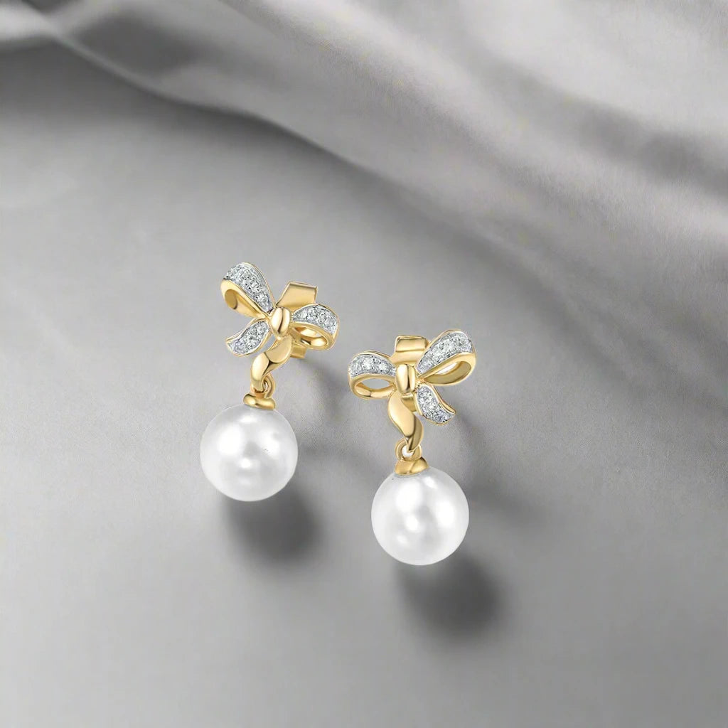 9K Gold 375 Yellow Gold Earrings For Women Fresh Water White Pearl Diamond Earrings Ribbon Elegant Trendy Gift Fine Jewelry