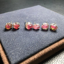 925 Silver Natural Tourmaline Raw Stone Ear Stud Pink/Green Bi Color Watermelon Tourmaline Irregular Earrings Women Fine Jewelry