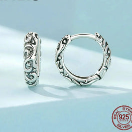 925 Sterling Silver Vintage Pattern Earrings Oxidized Ear Hoop Original for Women Daily Party Jewelry Wear Birthday Gift