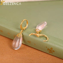 925 Sterling Silver Gold Plated Big Rose Quartz Teardrop Hoop Trendy Dainty Dangling Earring