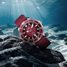 Seagull King of the Dragon automatic dive watch with a red scale-textured dial and nylon strap.