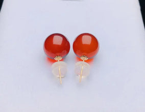 Certificated  18K Real Gold Ear Stud 9-10m Natural Baltic Amber Bead Earring AU750 Recycled Gold Daily Jewelry Kid Gift