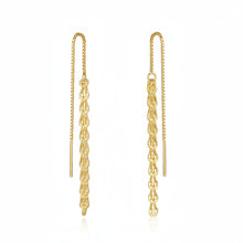 A pair of gold-toned dangle earrings with textured, chain-like drop sections and a thin chain back, shown on a white background with the Orisa Jewels logo and a 925 sterling silver stamp.
