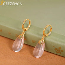 925 Sterling Silver Gold Plated Big Rose Quartz Teardrop Hoop Trendy Dainty Dangling Earring