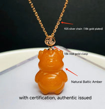 Certificated 18K Real Gold Natural Baltic Antique Amber Bear Pendant With 925 Silver Chain Luxury Gifts For Kids Teddy Jewelry