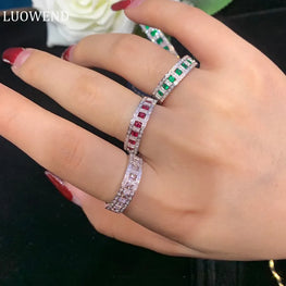 LUOWEND 18K White Gold Ring Natural Ruby or Emerald Wedding Band Luxury Classic Style Rings  for Women Engagement Party