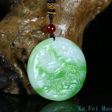 100% Authentic Hotan Jade Green and White Two-Color Landscape Round Pendant Necklace for Men and Women Jewelry Necklace
