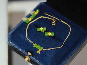 18K Real Gold Natural Jade Bamboo Jewelry Set AU750 Solid Gold Hetian Jade Ear Studs Nephrite Chain Bracelets Precious Jewelry