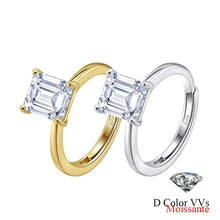 Two engagement rings with rectangular emerald-cut clear gemstones, one in yellow gold and one in white gold, shown on a white background with the Orsa Jewels logo and a diamond graphic.