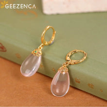 925 Sterling Silver Gold Plated Big Rose Quartz Teardrop Hoop Trendy Dainty Dangling Earring