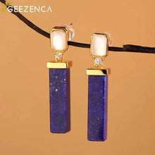 925 Silver Gold Plated Lapis Lazuli Bar Charm Dangle Drop Earrings Women CZ Geometric Oblong Simple Trendy Earring Gift
