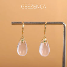 925 Sterling Silver Gold Plated Big Rose Quartz Teardrop Hoop Trendy Dainty Dangling Earring